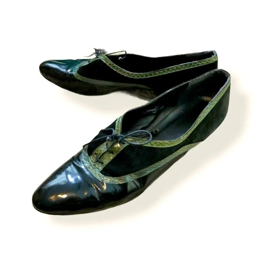Vintage Oxfords! Black Patent Lace Up W/Green Snakeskin Trim 8.5 Narrow AA - Picture 1 of 9